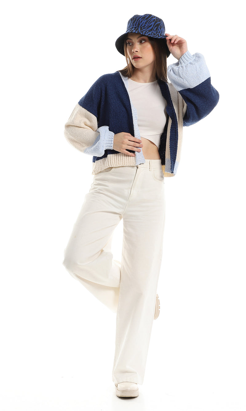 O152914 Slip On Knitted Cropped Cardigan - Navy Blue, Off White & Baby Blue