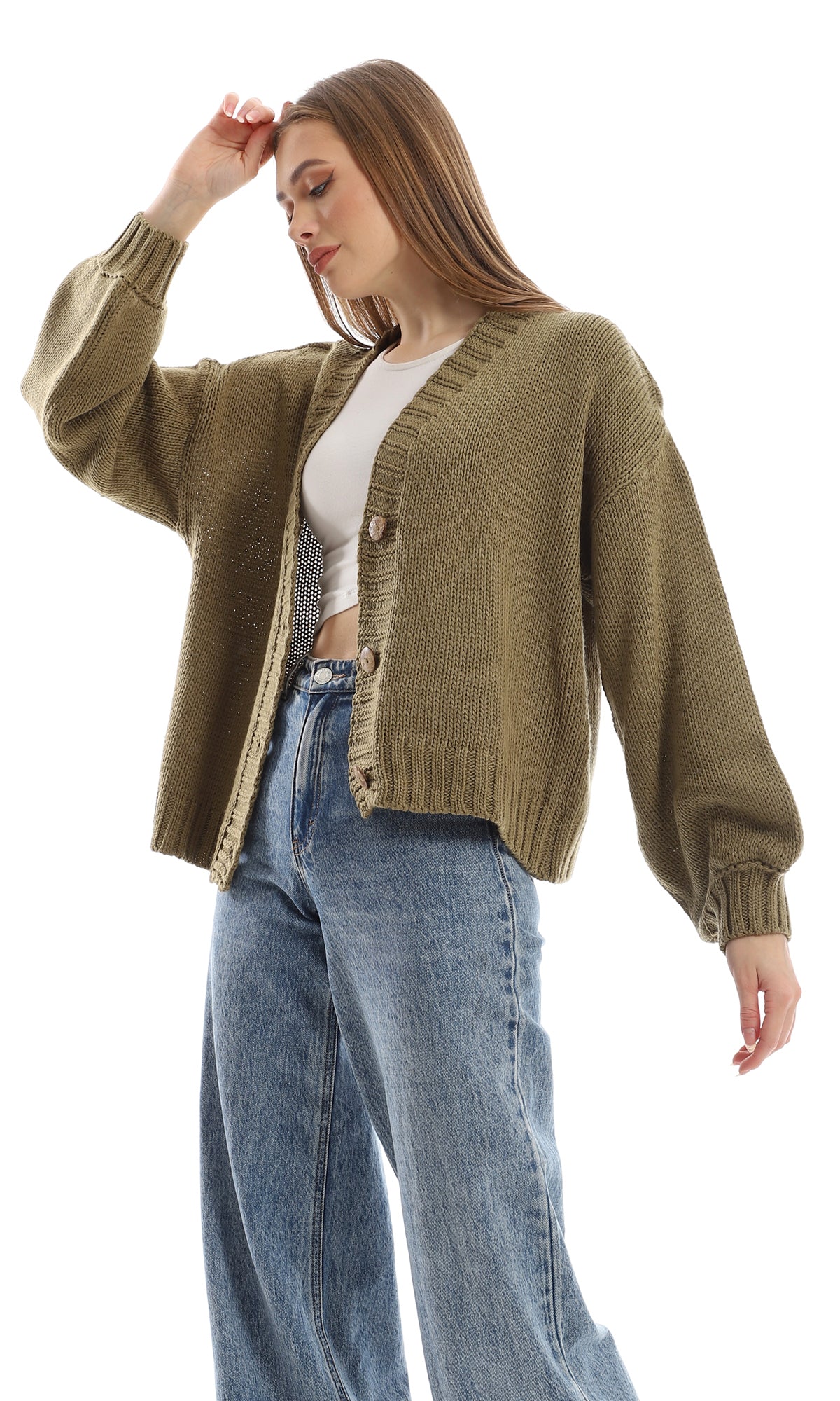 O152917 Olive Green Cropped Cardigan With Wide Sleeves