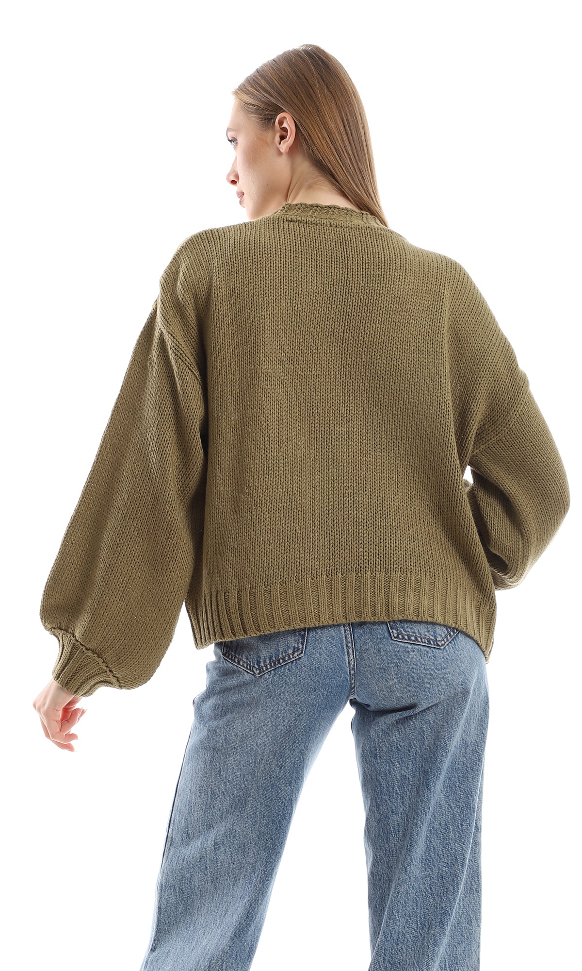 O152917 Olive Green Cropped Cardigan With Wide Sleeves