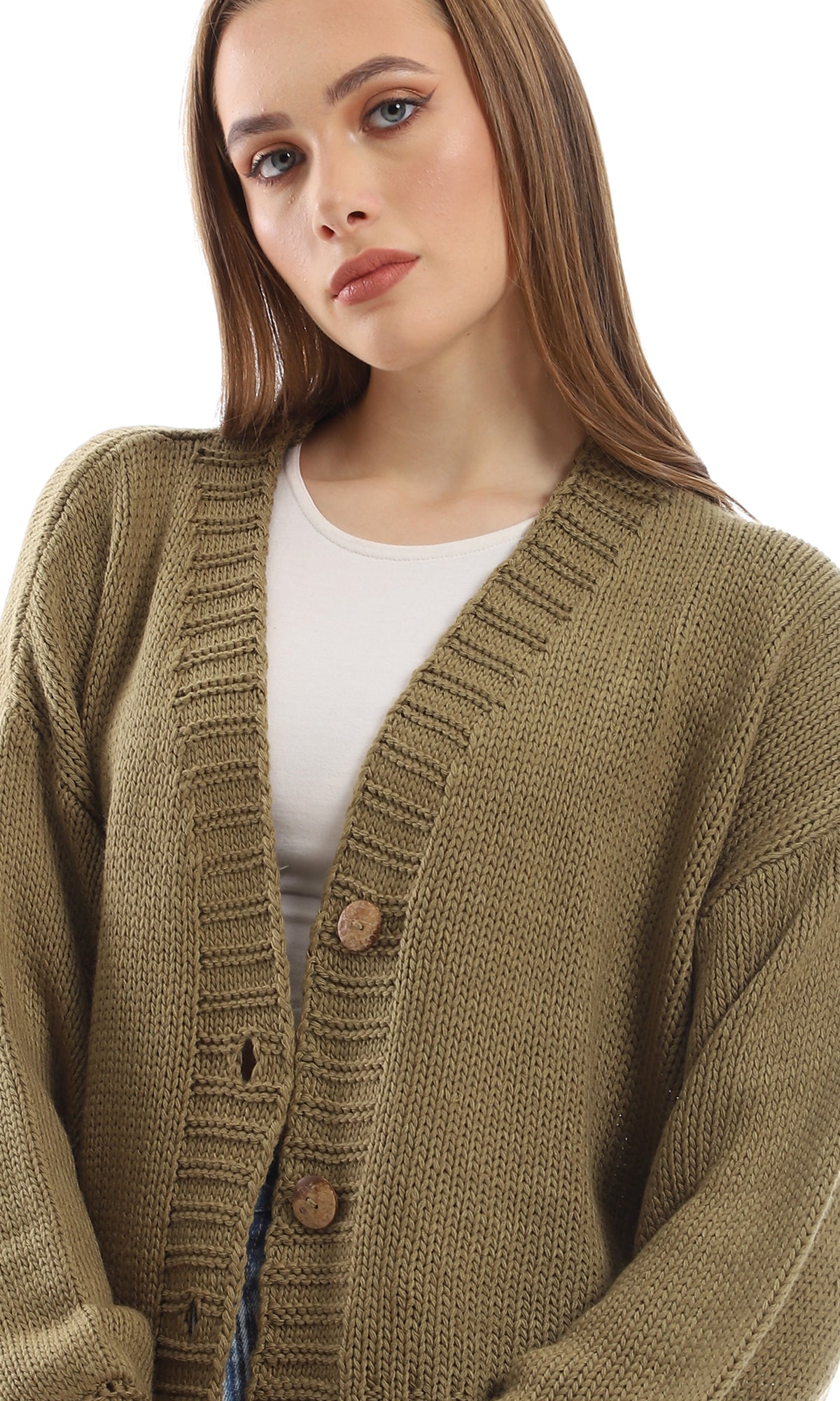 O152917 Olive Green Cropped Cardigan With Wide Sleeves