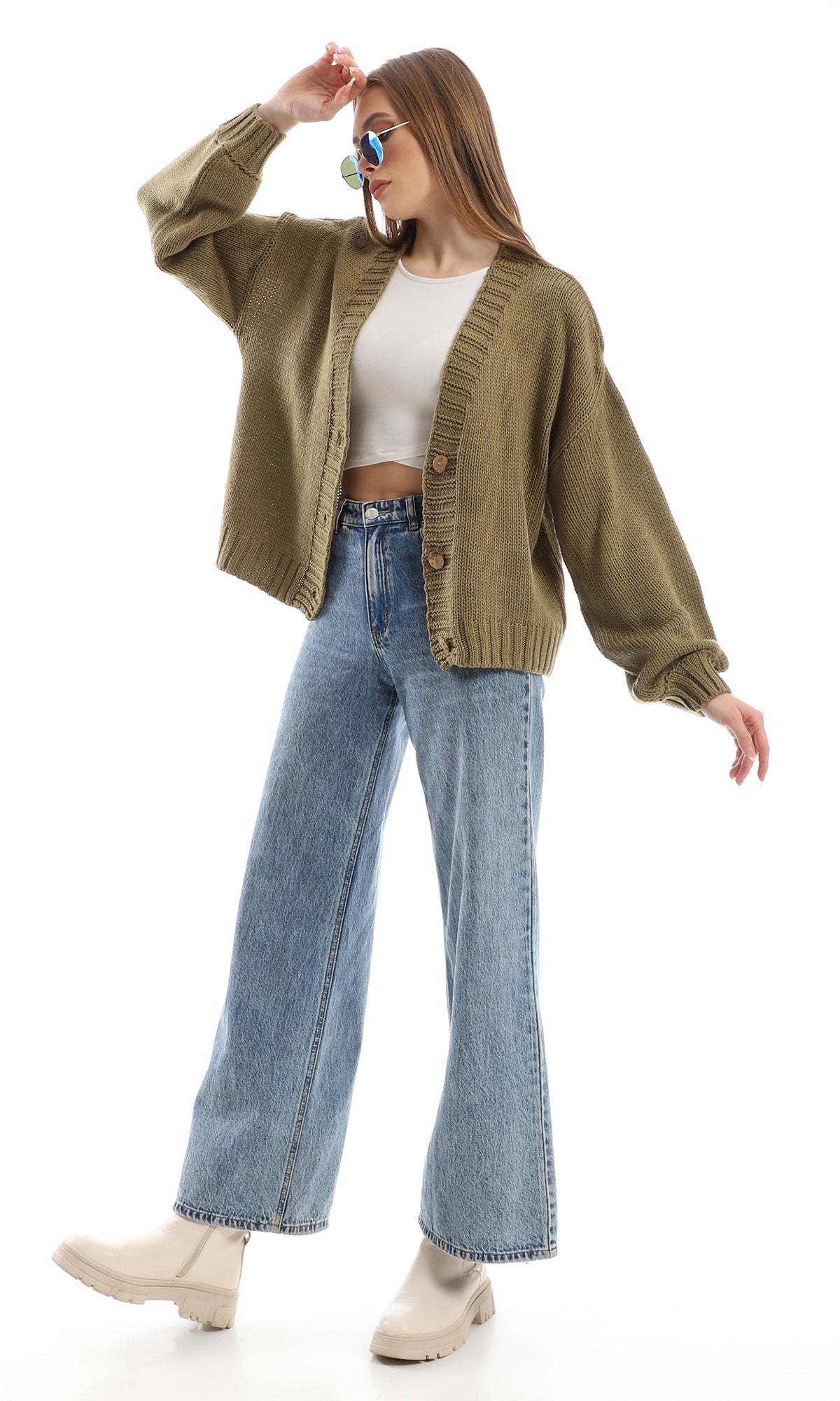 O152917 Olive Green Cropped Cardigan With Wide Sleeves