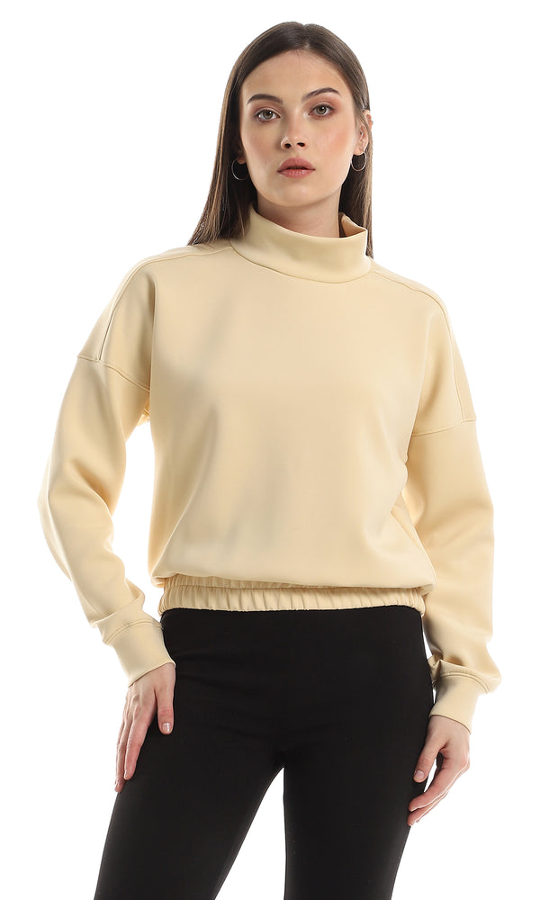 O153036 Mock Neck Plain Soft Long Sleeves Sweatshirt - Light Beige
