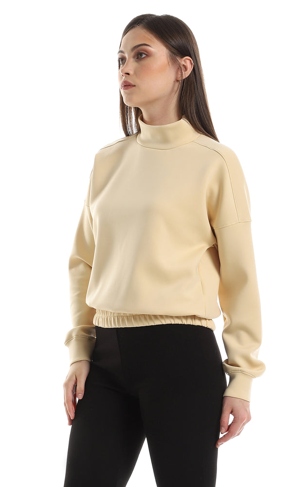 O153036 Mock Neck Plain Soft Long Sleeves Sweatshirt - Light Beige