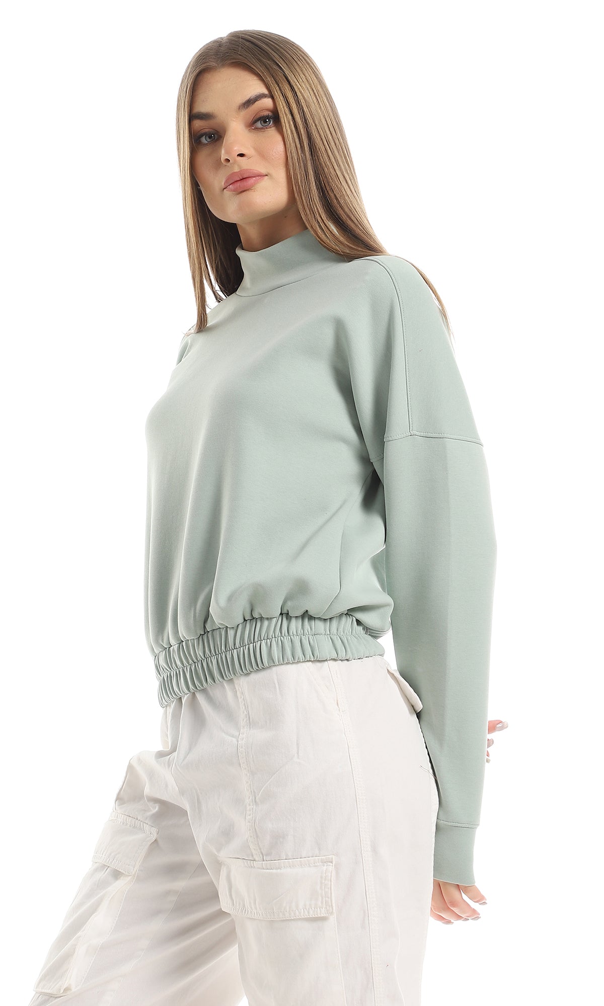 O153037 Ring Neck Cropped Sweatshirt With Elasticated Waist - Mint Green