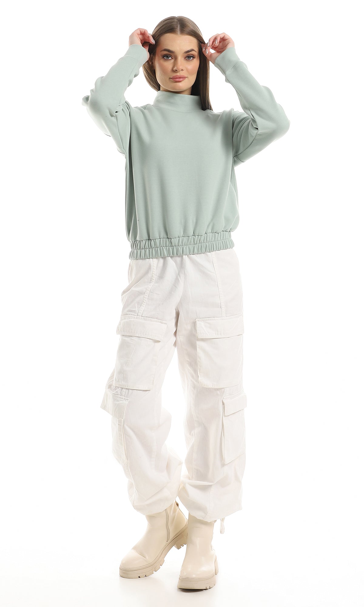 O153037 Ring Neck Cropped Sweatshirt With Elasticated Waist - Mint Green