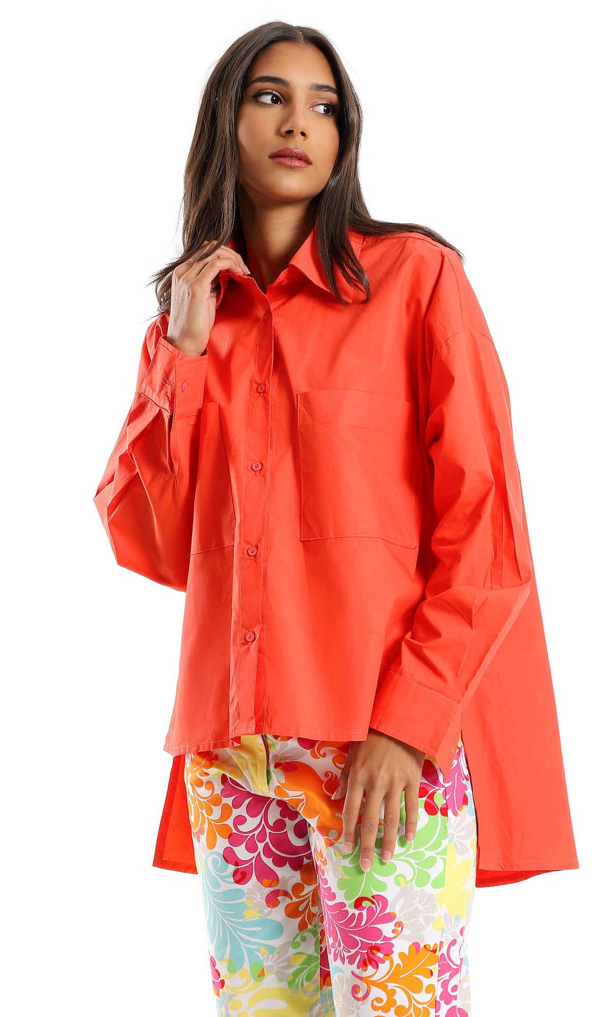 O153390 High Low Buttoned Casual Shirt - Watermelon