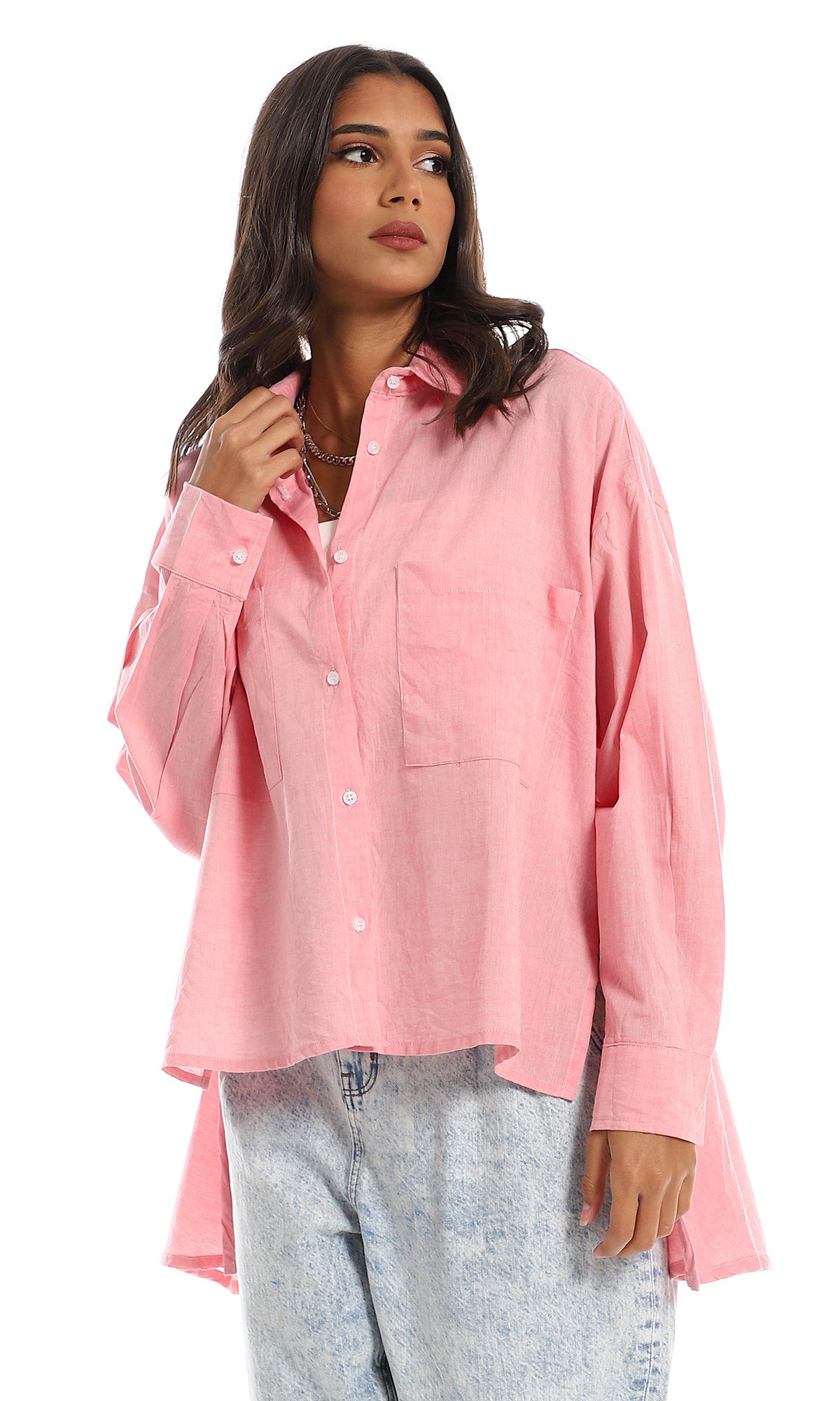 O153405 High Low Polyester Solid Shirt - Light Pink