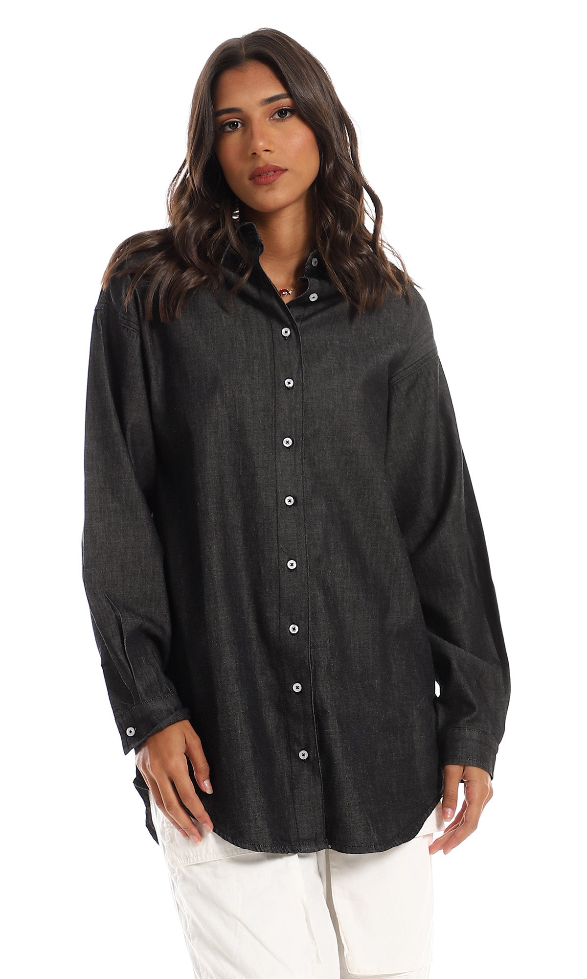 O153406 Full Buttoned Heather Black Cotton Long Shirt