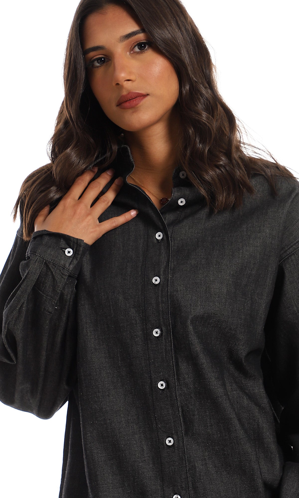 O153406 Full Buttoned Heather Black Cotton Long Shirt