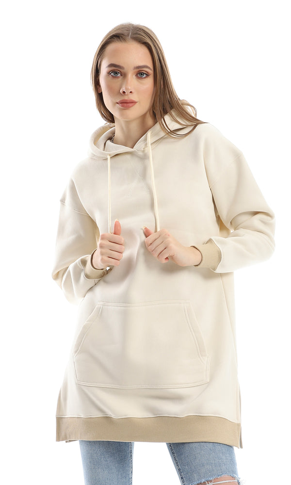 O153499 Light Beige Oversized Fleece Hoodie With Side Slits