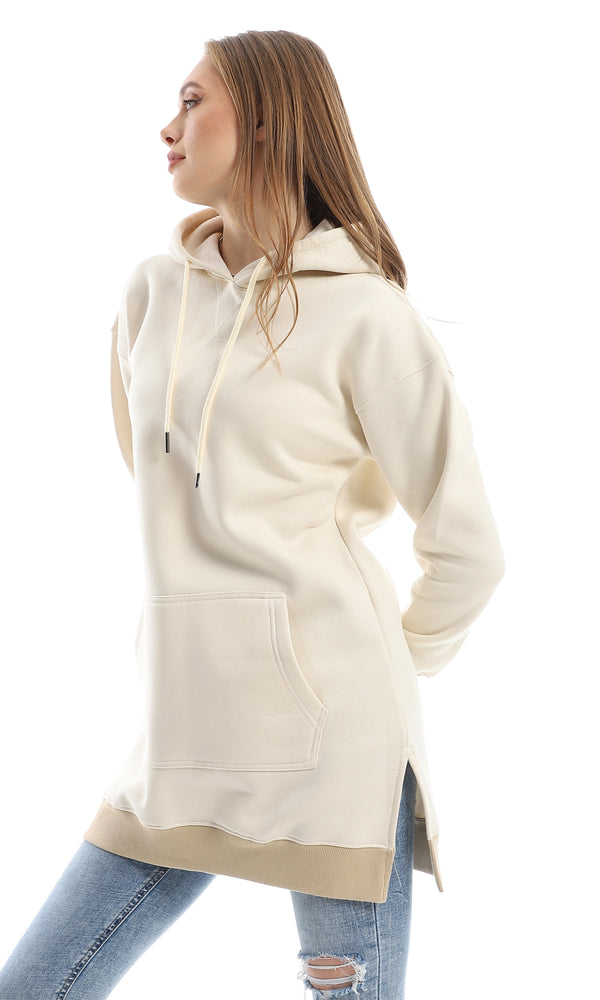 O153499 Light Beige Oversized Fleece Hoodie With Side Slits