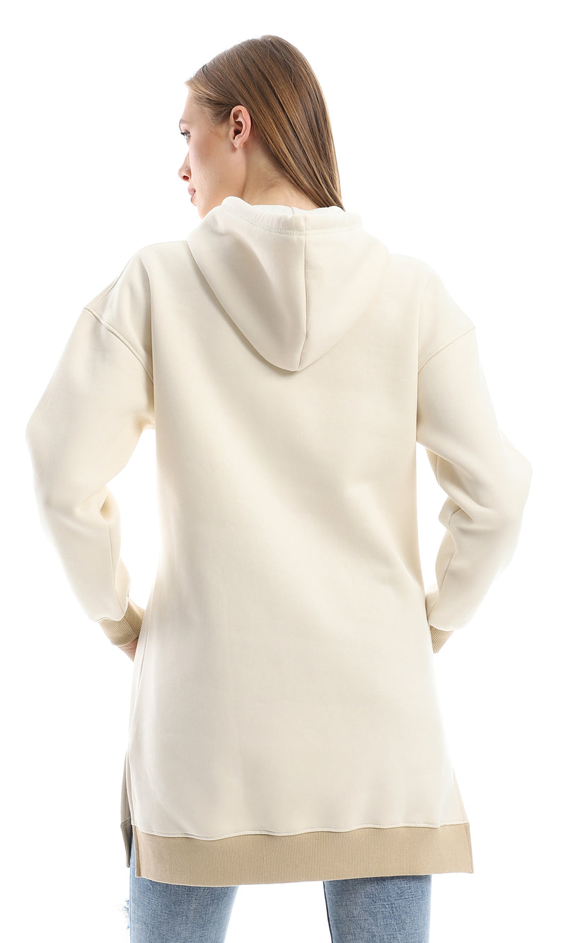 O153499 Light Beige Oversized Fleece Hoodie With Side Slits