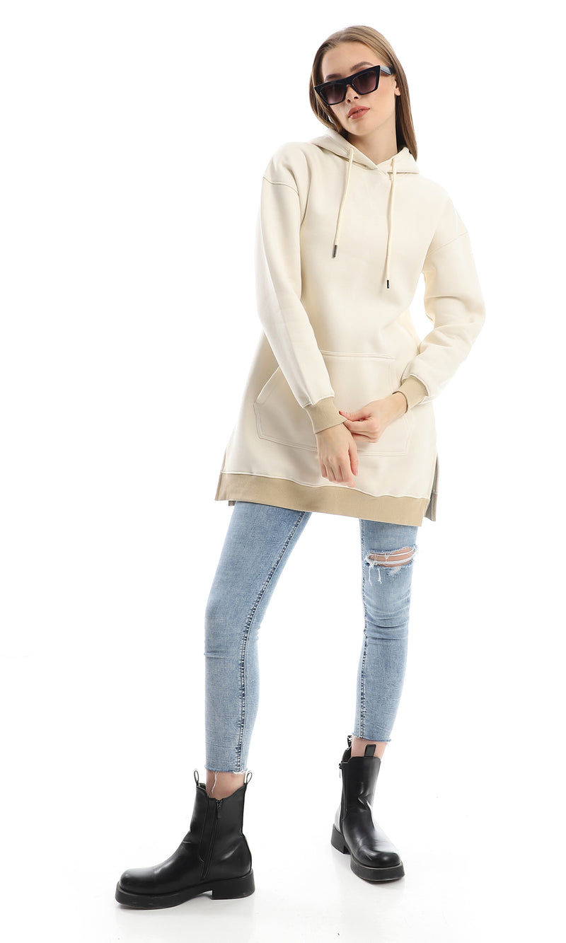 O153499 Light Beige Oversized Fleece Hoodie With Side Slits