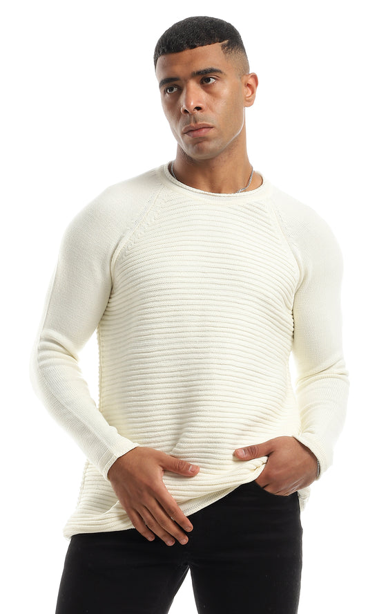 O154326 Round Neck Self-Ribbed Pullover With Long Sleeves - Cream