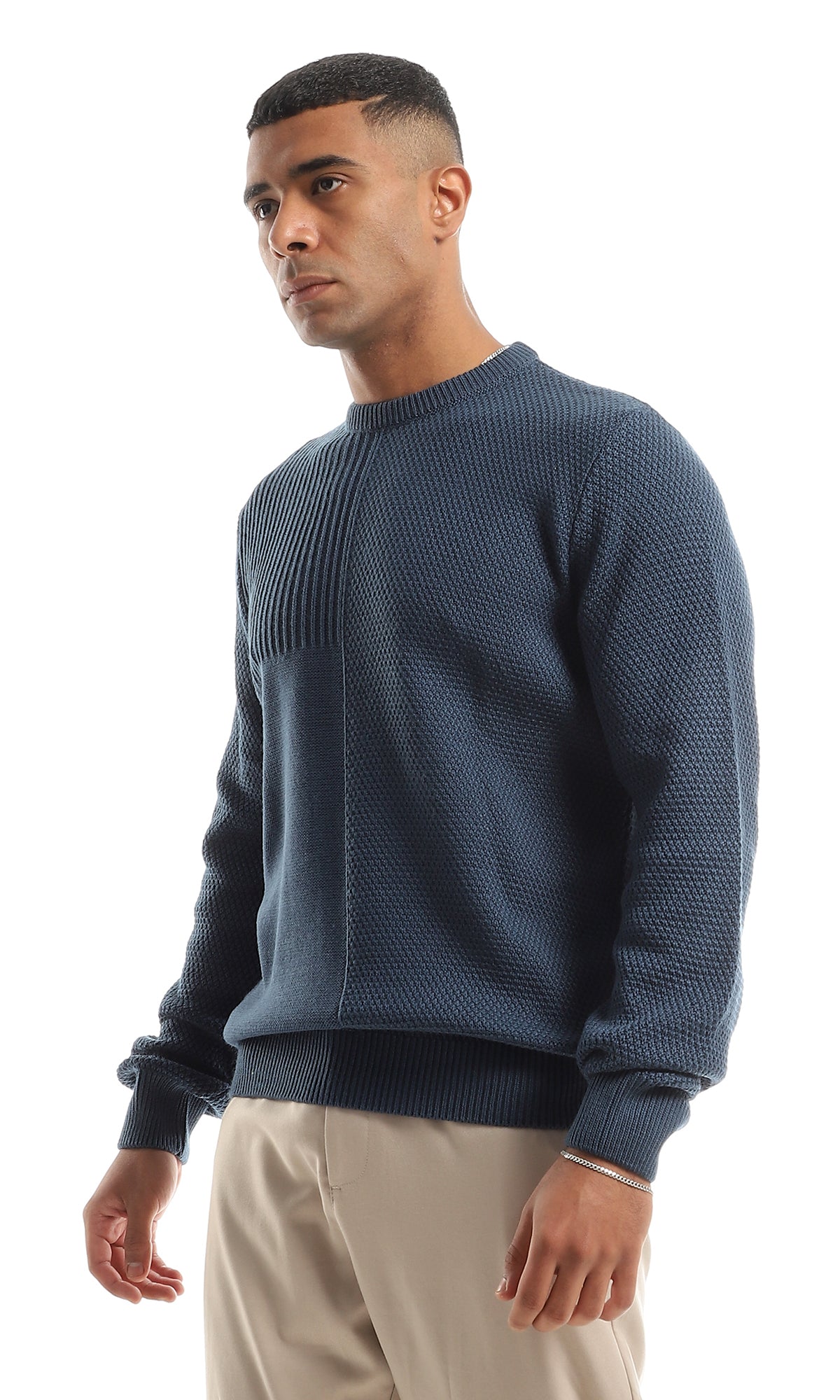 O154334 Petroleum Blue Knitted Pullover With Round Neck