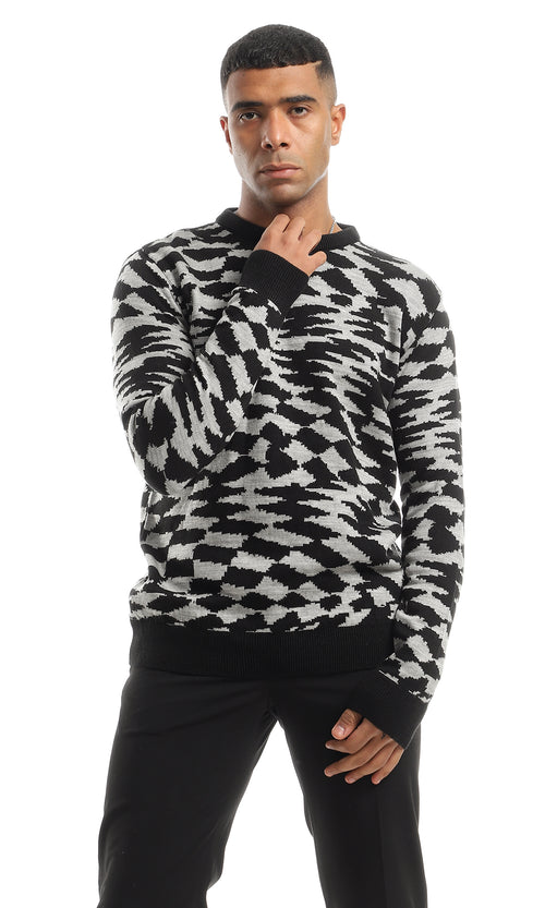 Black & Grey Abstract Pattern Crew Neck Pullover - O154338