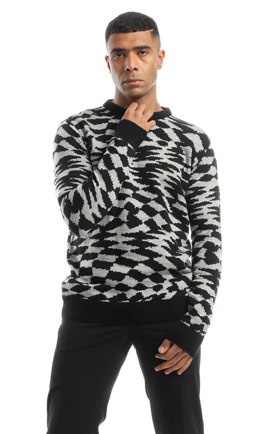 O154338 Black & Grey Slip On Self Patterned Pullover With Long Sleeves