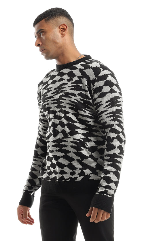 Black & Grey Abstract Pattern Crew Neck Pullover - O154338