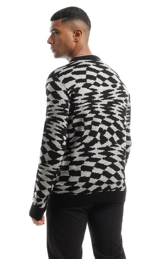 Black & Grey Abstract Pattern Crew Neck Pullover - O154338