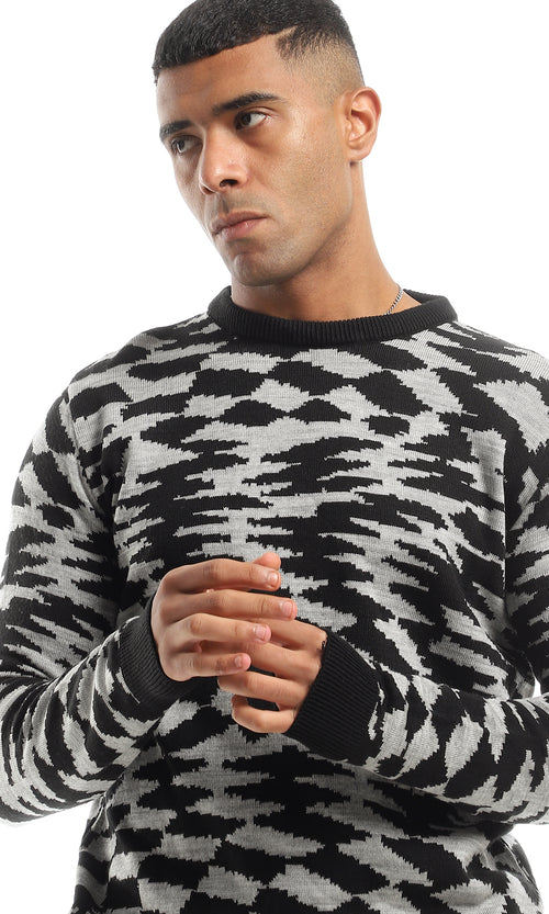 Black & Grey Abstract Pattern Crew Neck Pullover - O154338