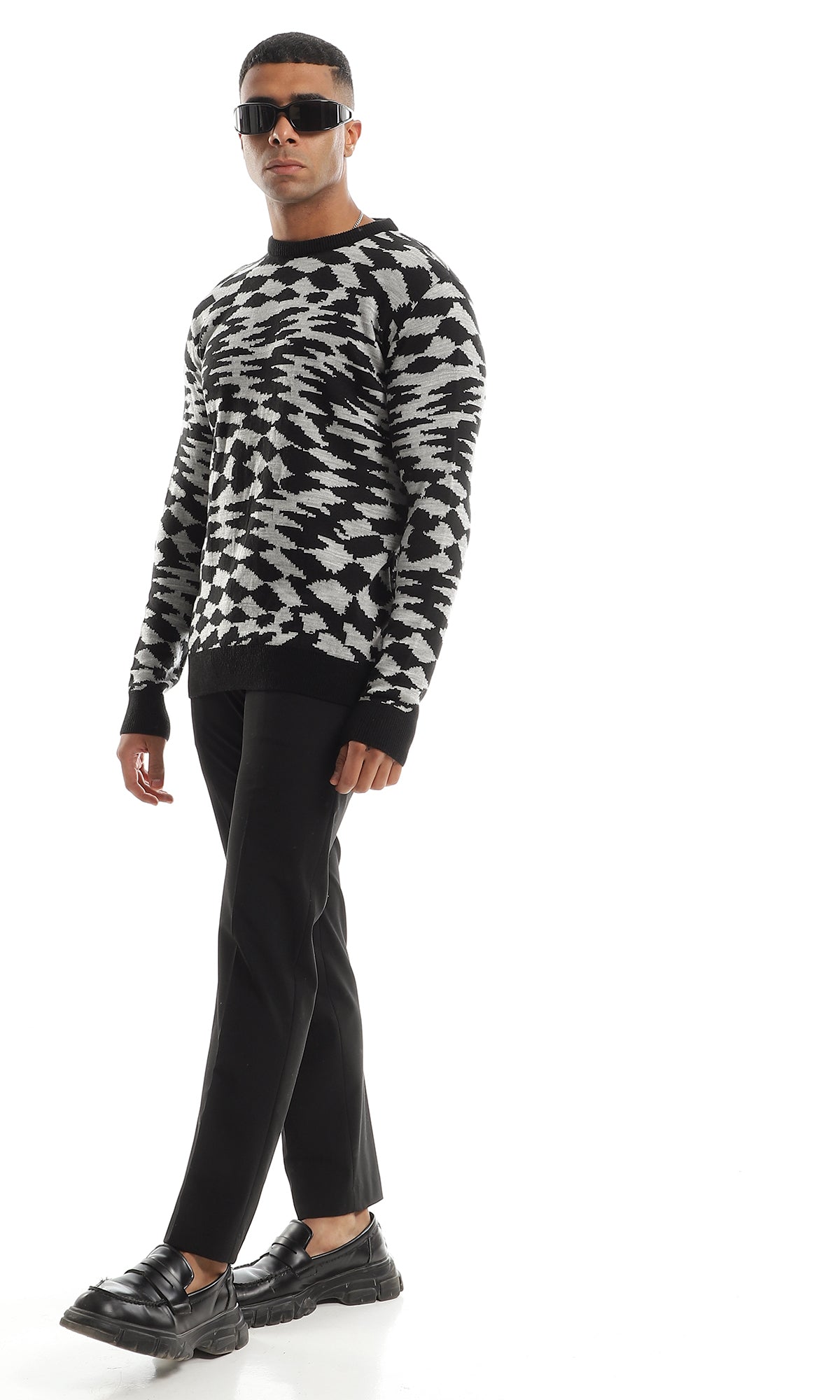 O154338 Black & Grey Slip On Self Patterned Pullover With Long Sleeves