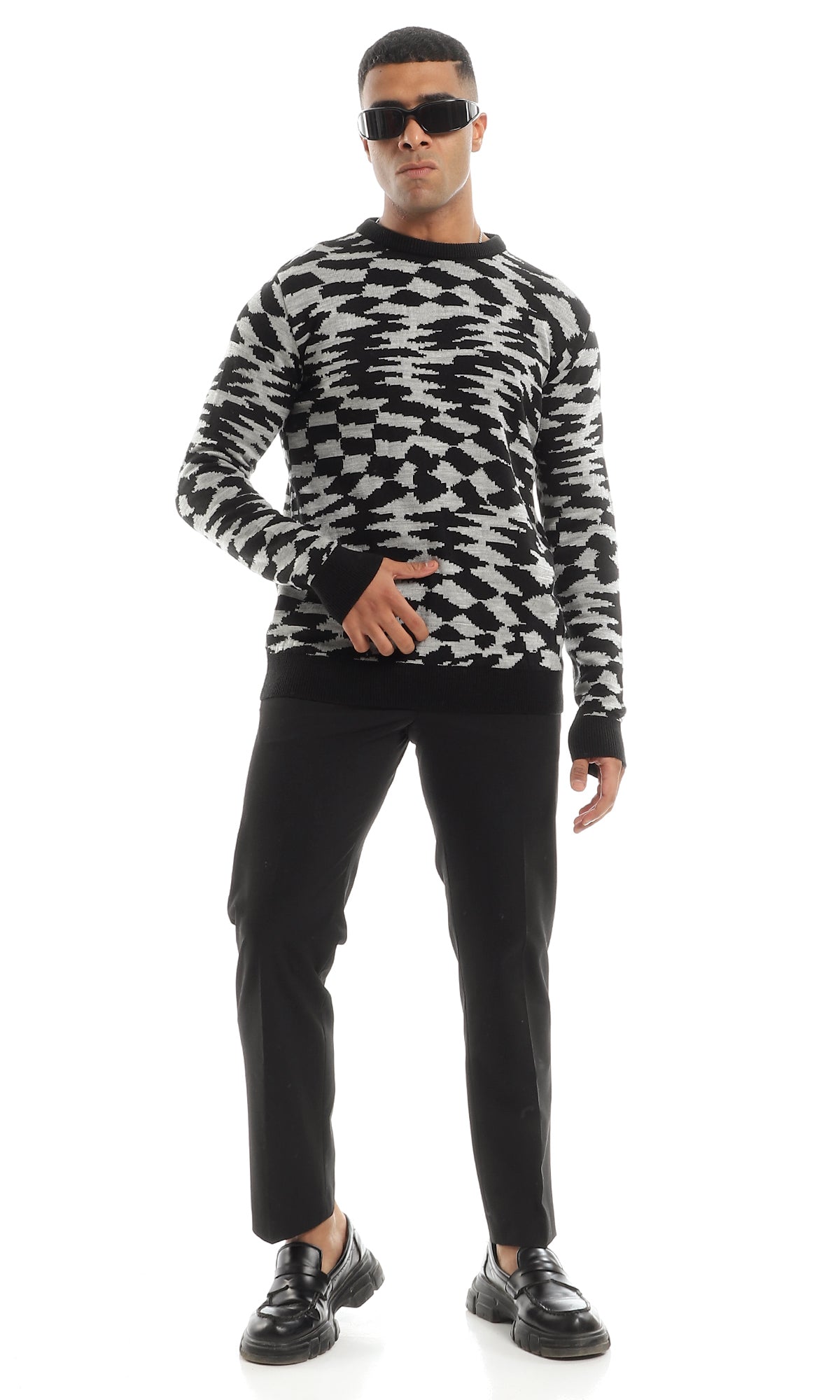 O154338 Black & Grey Slip On Self Patterned Pullover With Long Sleeves