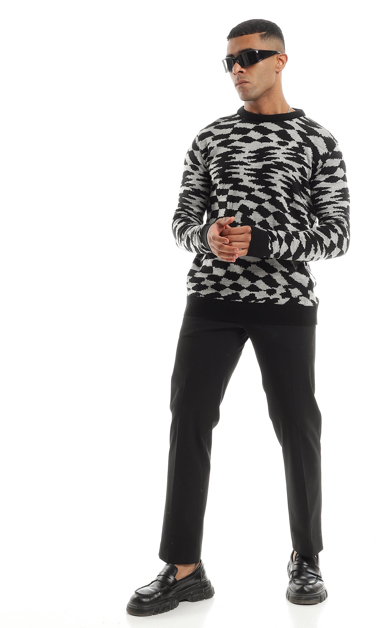 O154338 Black & Grey Slip On Self Patterned Pullover With Long Sleeves