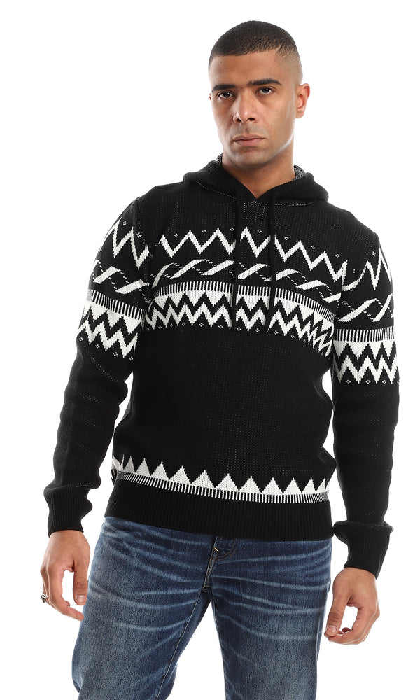 O154340 Zigzag Striped Slip On Knitted Hooded Pullover - Black & White