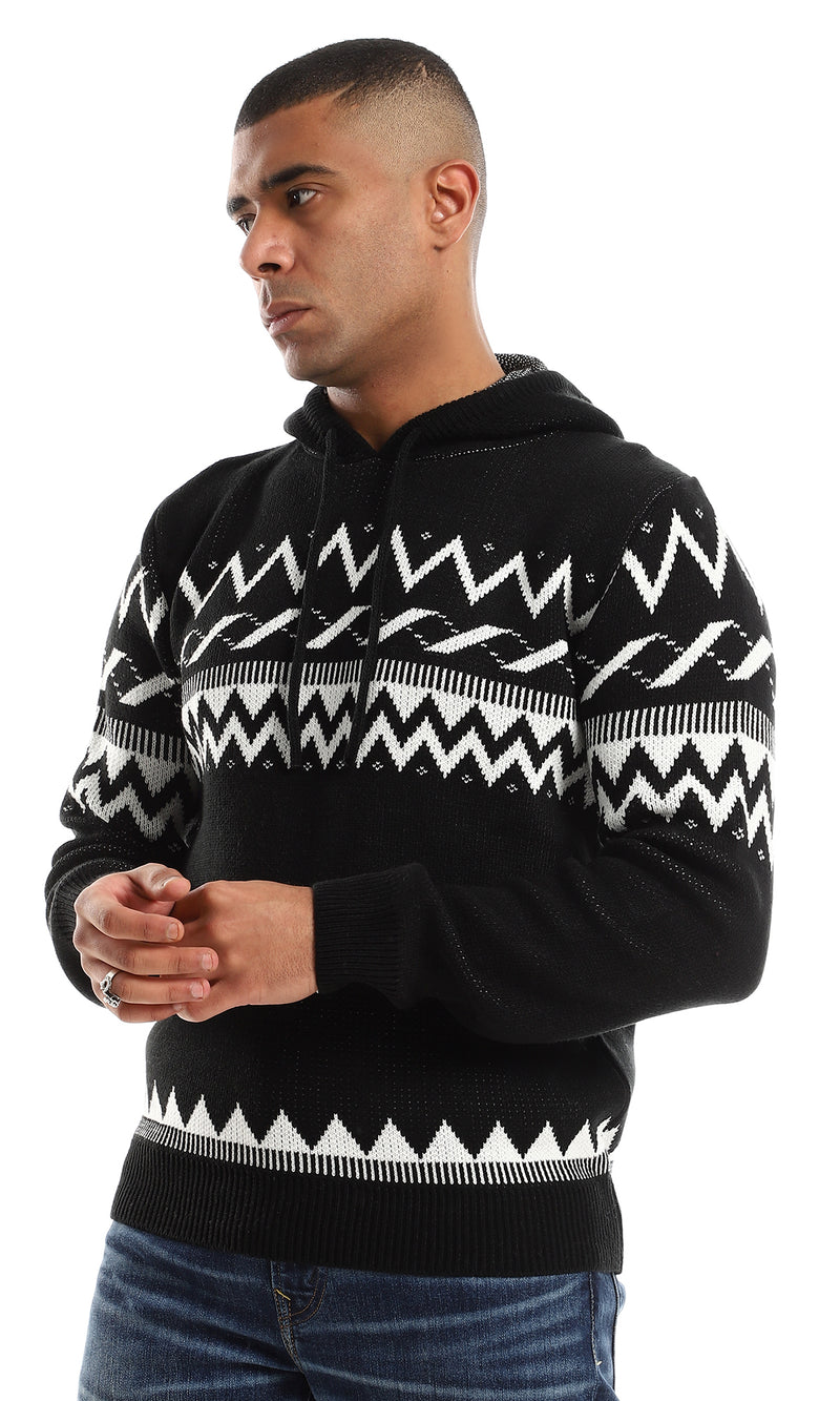 O154340 Zigzag Striped Slip On Knitted Hooded Pullover - Black & White