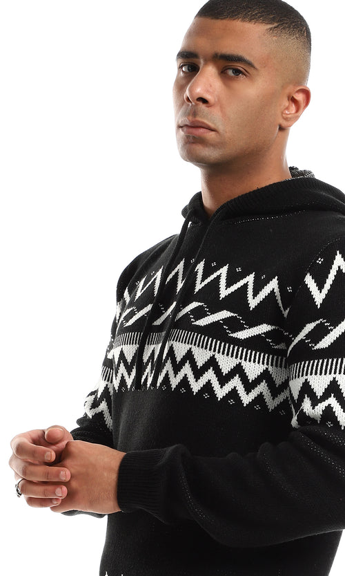 بلوفر محبوك بهودي نمط زجزاج - أبيض وأسود