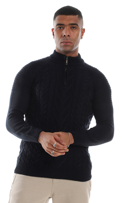 O154344 Casual Half Zipper Knitted Navy Blue Sweater