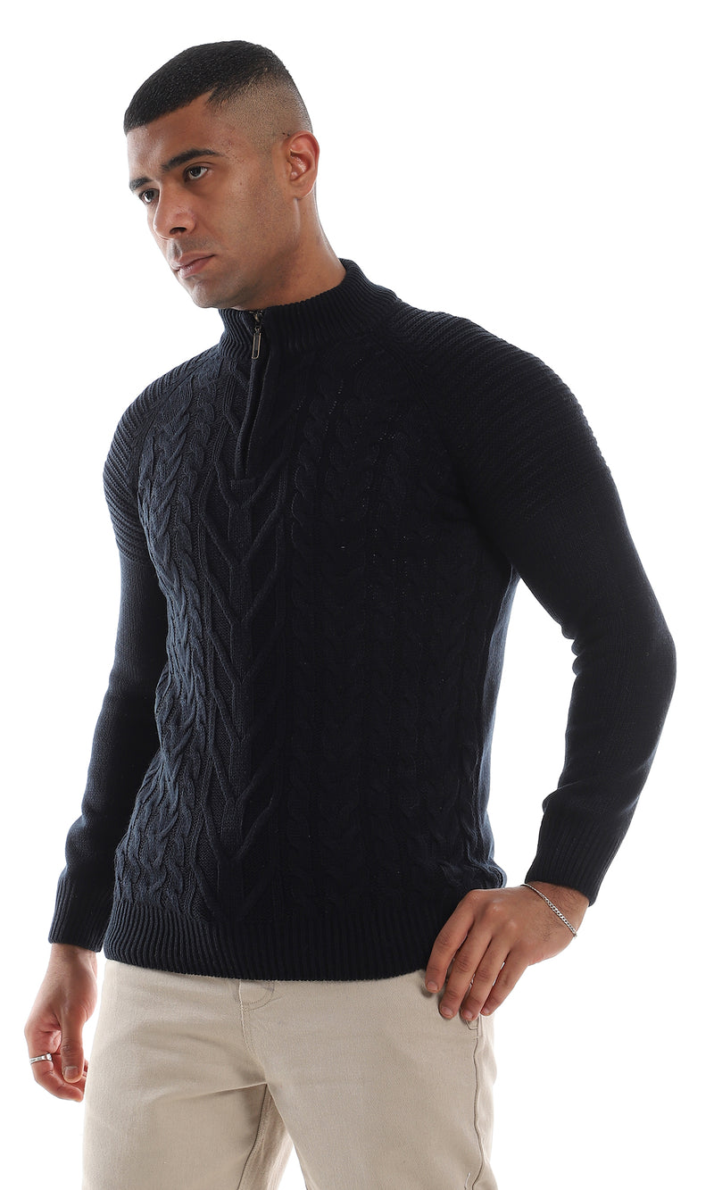 O154344 Casual Half Zipper Knitted Navy Blue Sweater