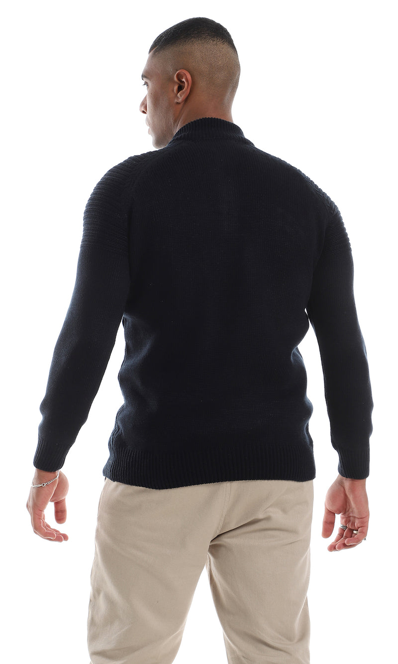 O154344 Casual Half Zipper Knitted Navy Blue Sweater