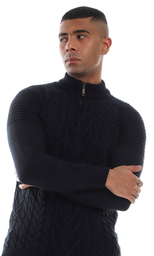 O154344 Casual Half Zipper Knitted Navy Blue Sweater