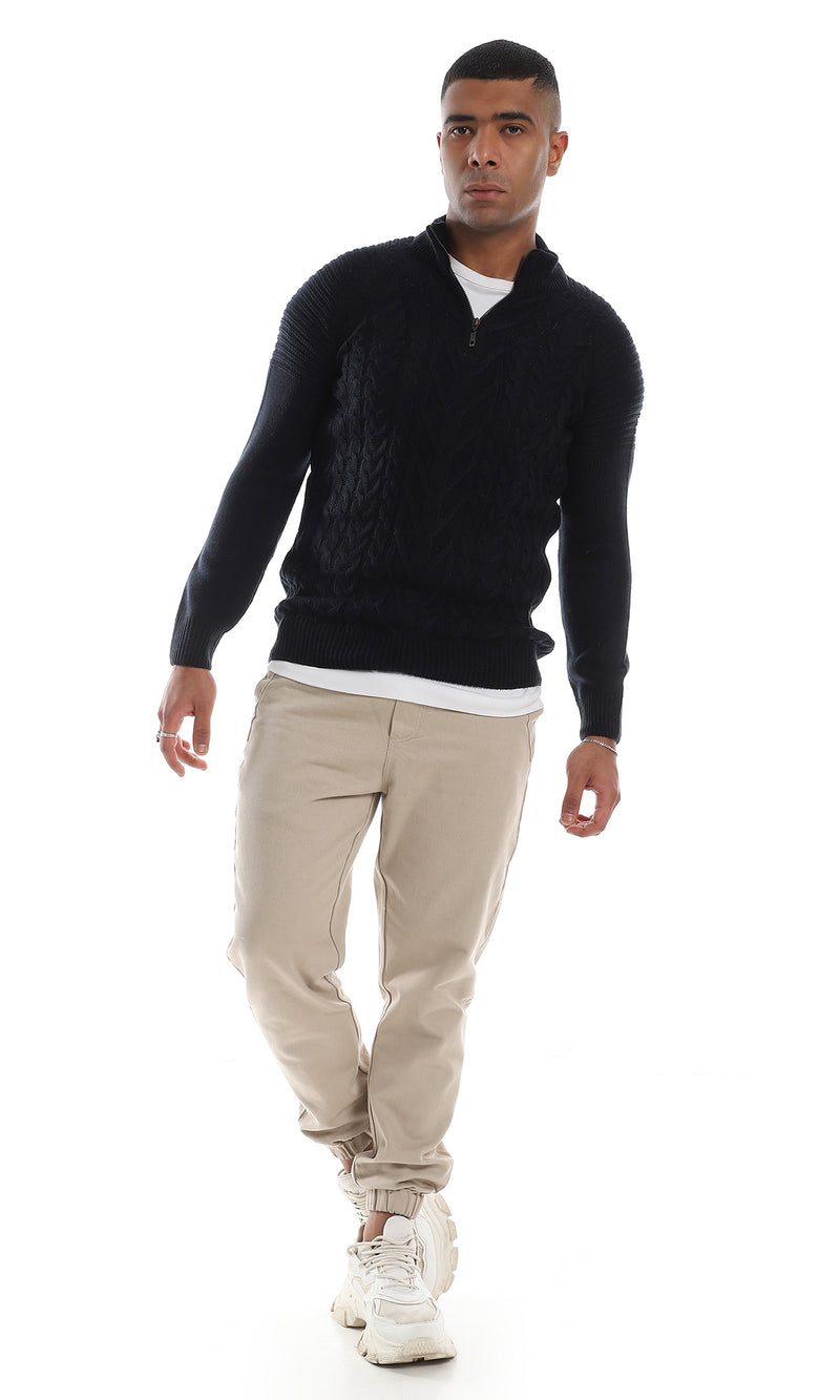 O154344 Casual Half Zipper Knitted Navy Blue Sweater