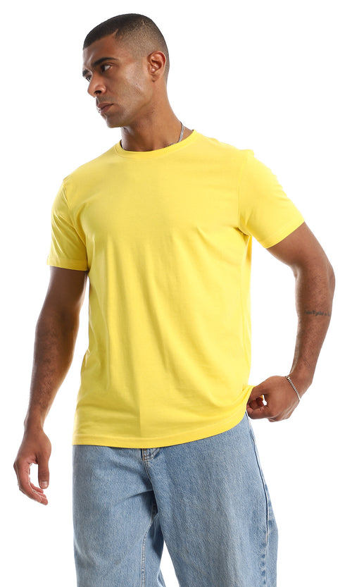 O154953 Plain Basic Cotton Round Yellow T-Shirt