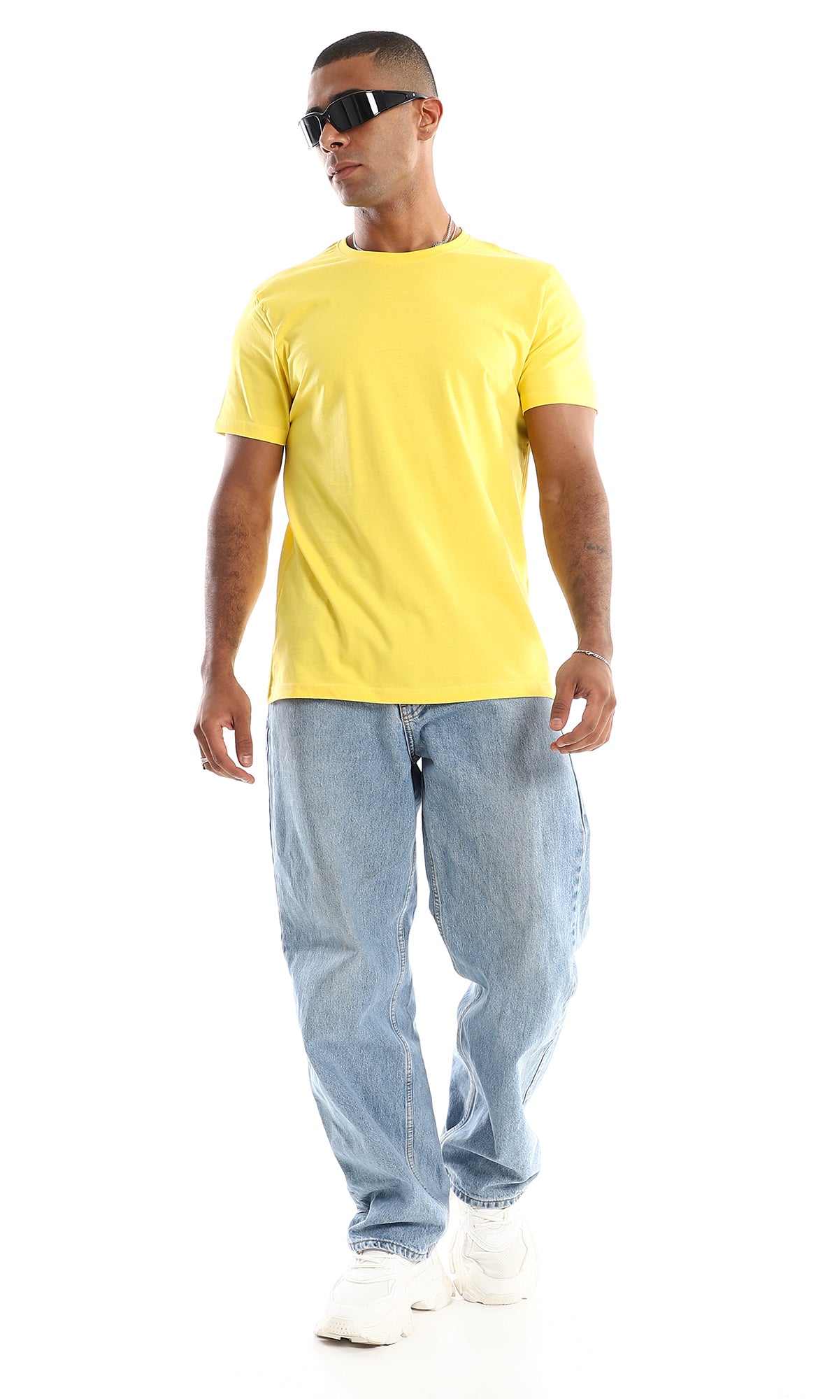 O154953 Plain Basic Cotton Round Yellow T-Shirt
