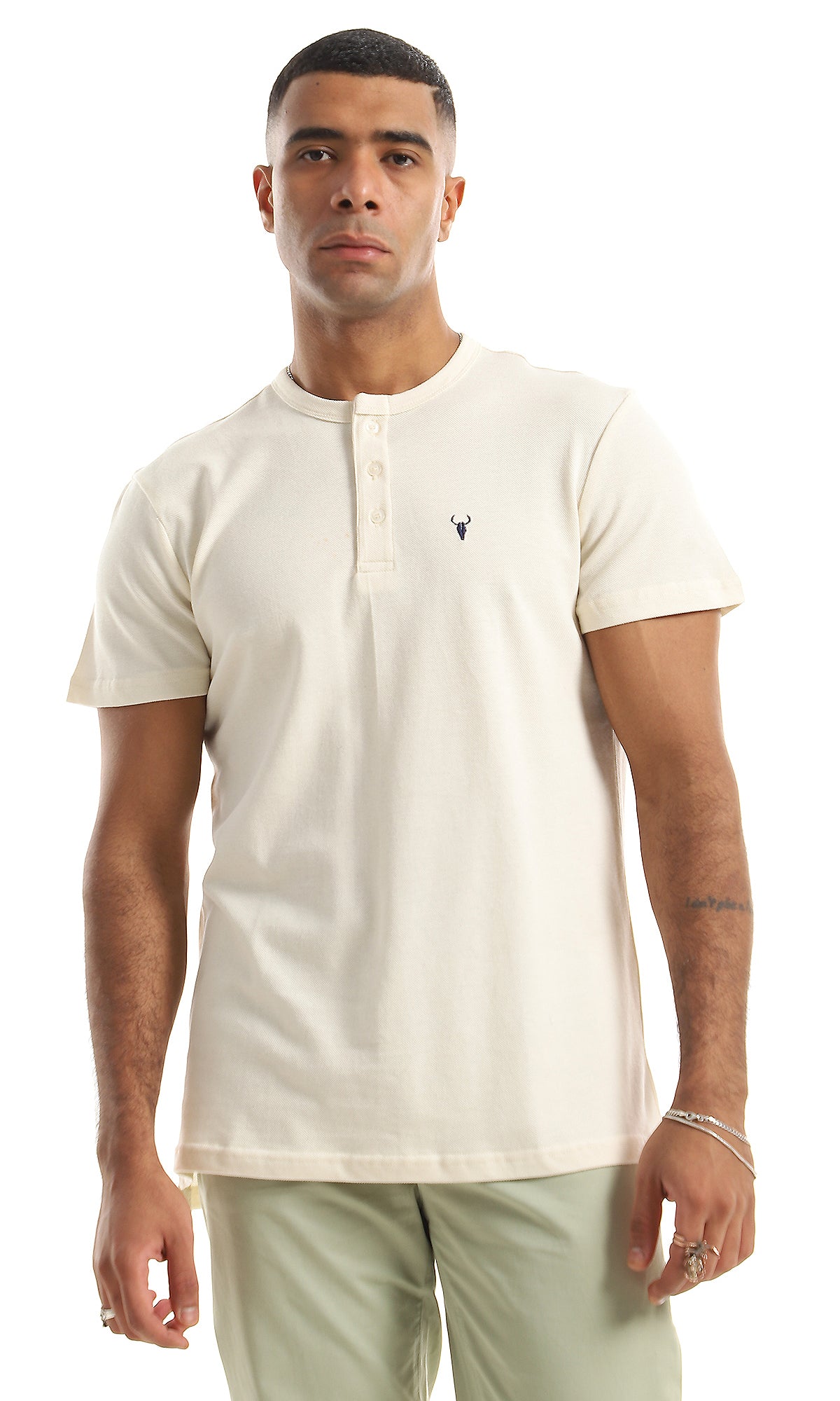 O154966 Basic Pique Pattern Buttoned Cream Henley Shirt