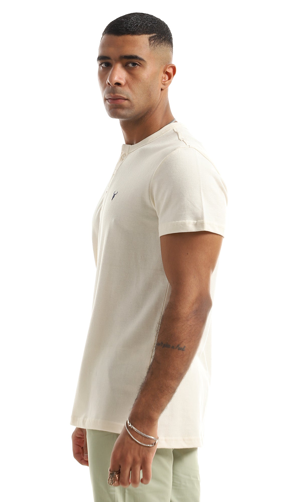 O154966 Basic Pique Pattern Buttoned Cream Henley Shirt