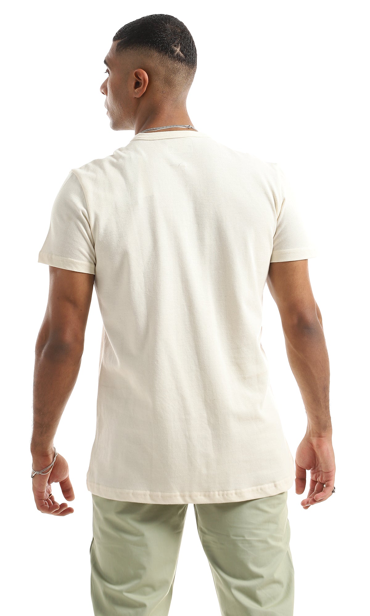 O154966 Basic Pique Pattern Buttoned Cream Henley Shirt