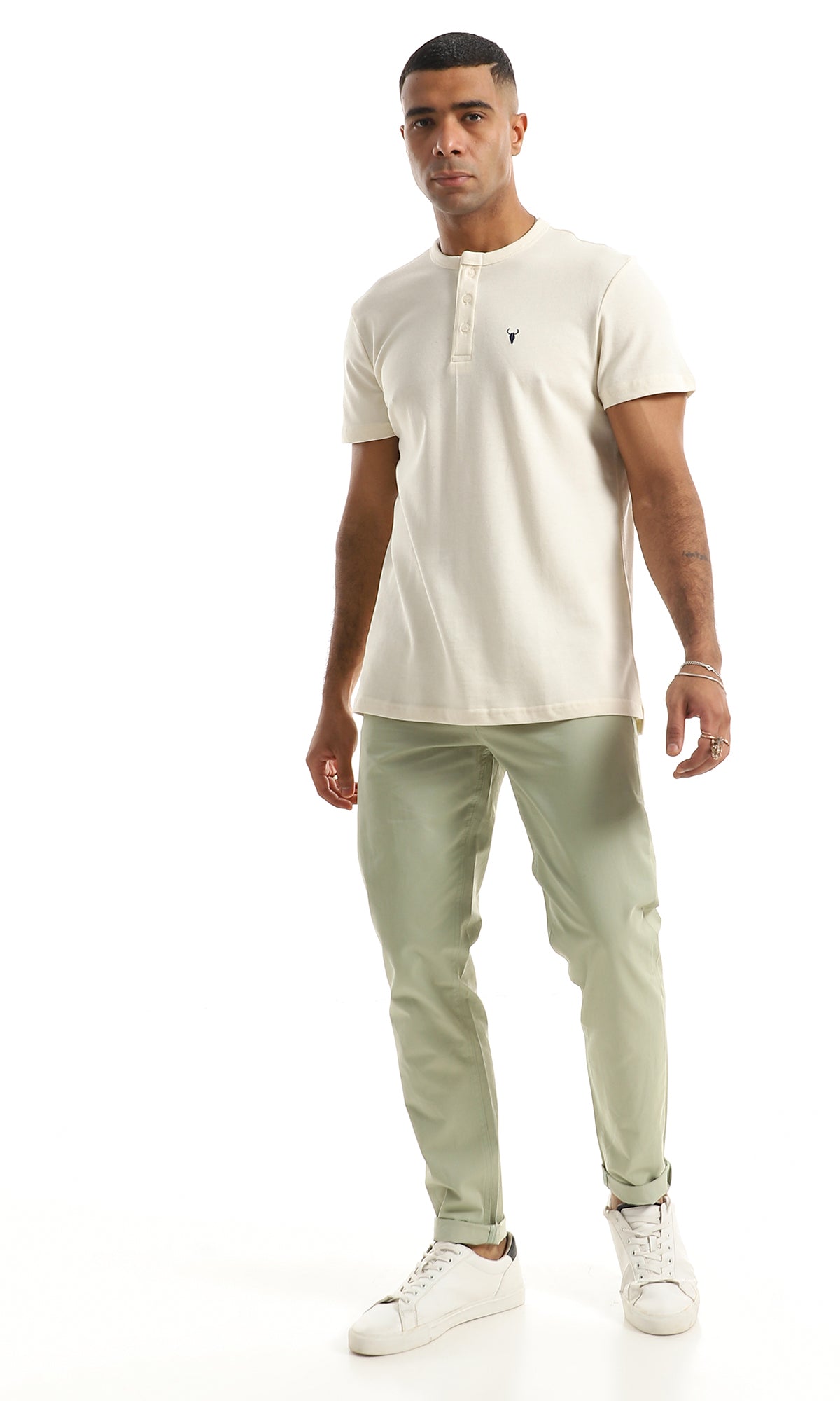 O154966 Basic Pique Pattern Buttoned Cream Henley Shirt