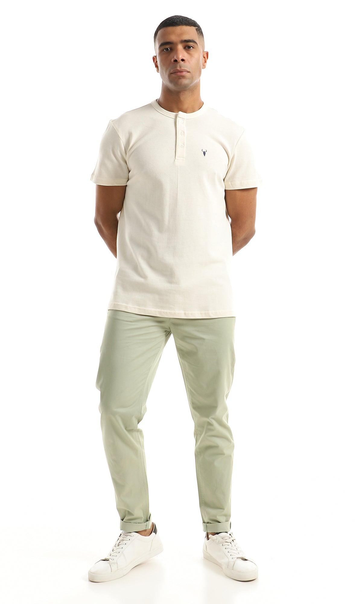 O154966 Basic Pique Pattern Buttoned Cream Henley Shirt