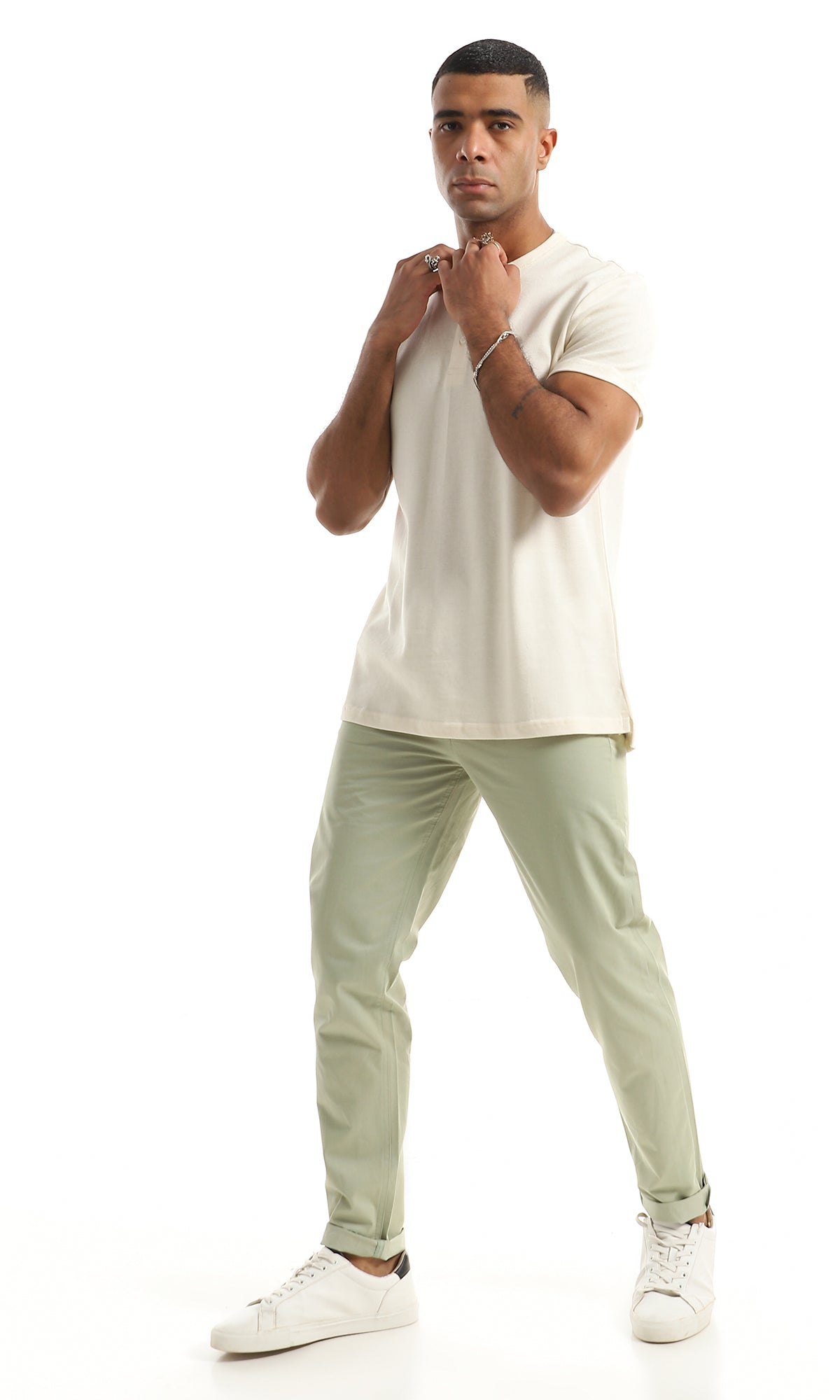 O154966 Basic Pique Pattern Buttoned Cream Henley Shirt