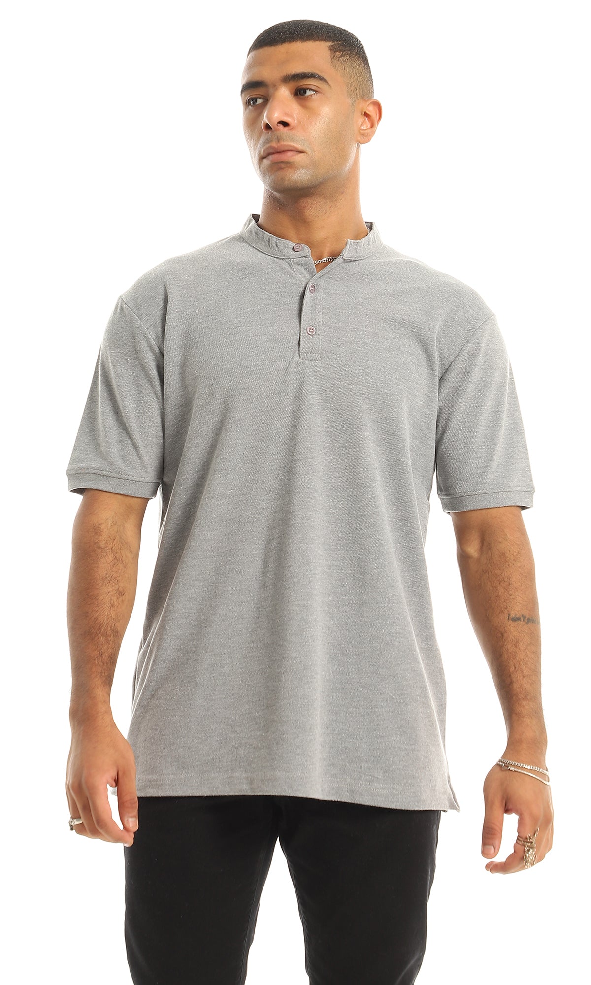 O154972 Pique Casual Upper Buttoned Henley Shirt - Light Grey