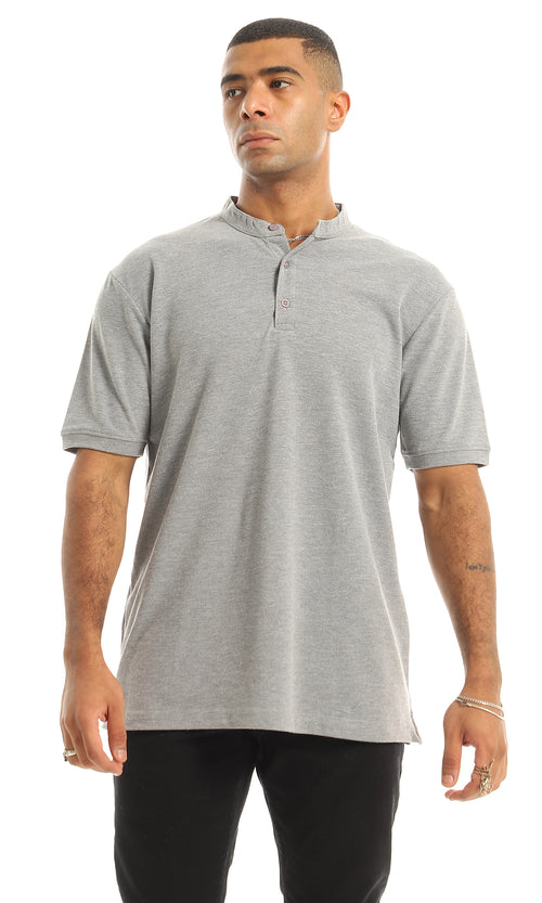 O154972 Pique Casual Upper Buttoned Henley Shirt - Light Grey
