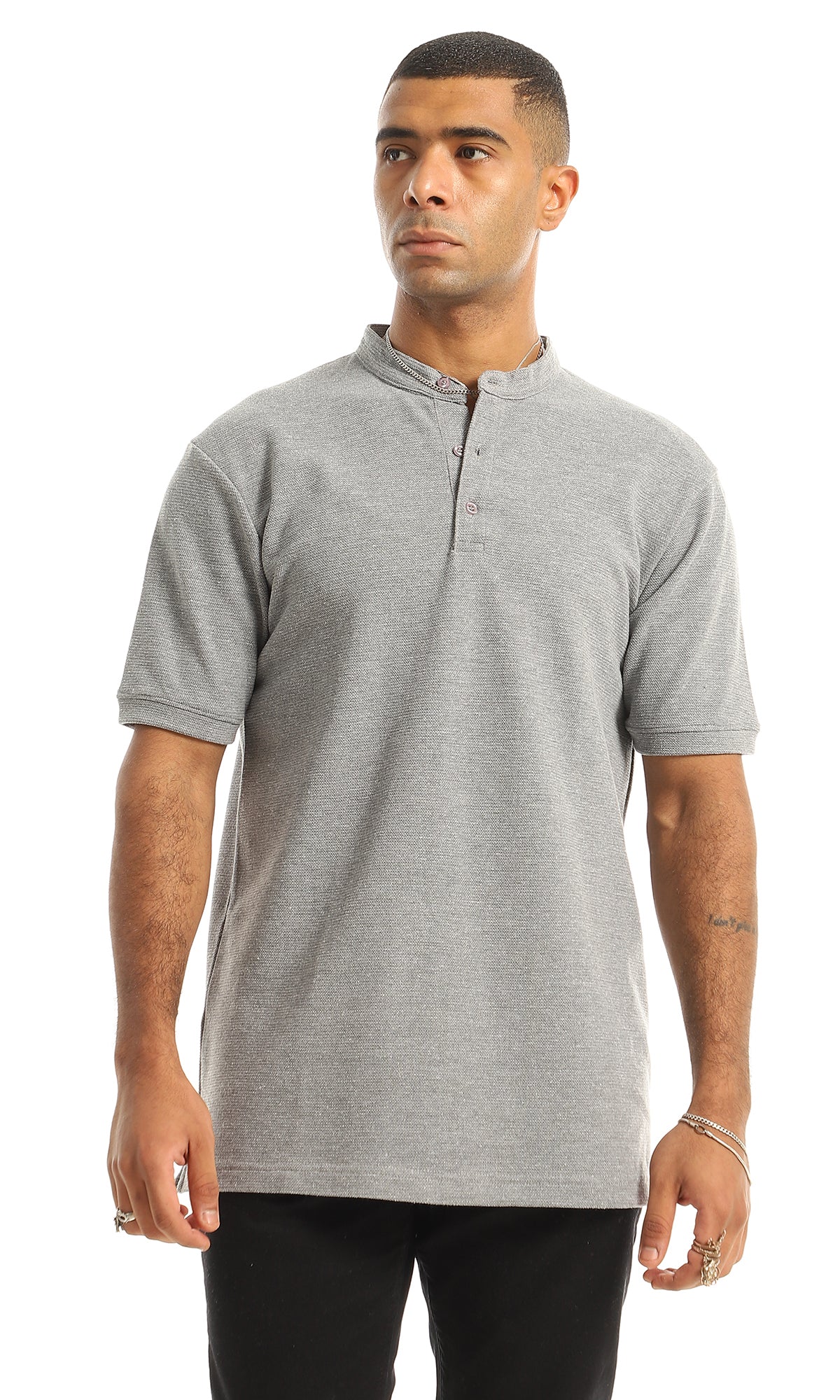 O154973 Short Sleeves Madarin Neck Henley Shirt - Grey