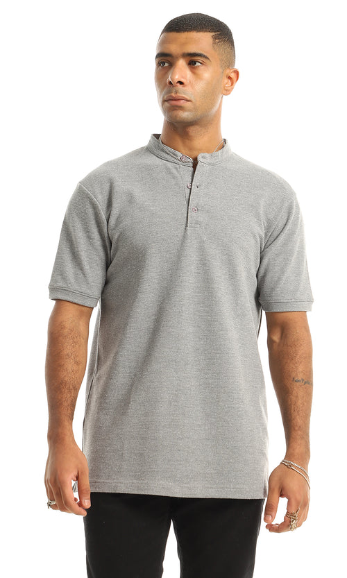 O154973 Short Sleeves Madarin Neck Henley Shirt - Grey