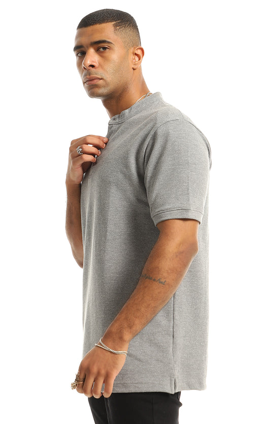 O154973 Short Sleeves Madarin Neck Henley Shirt - Grey