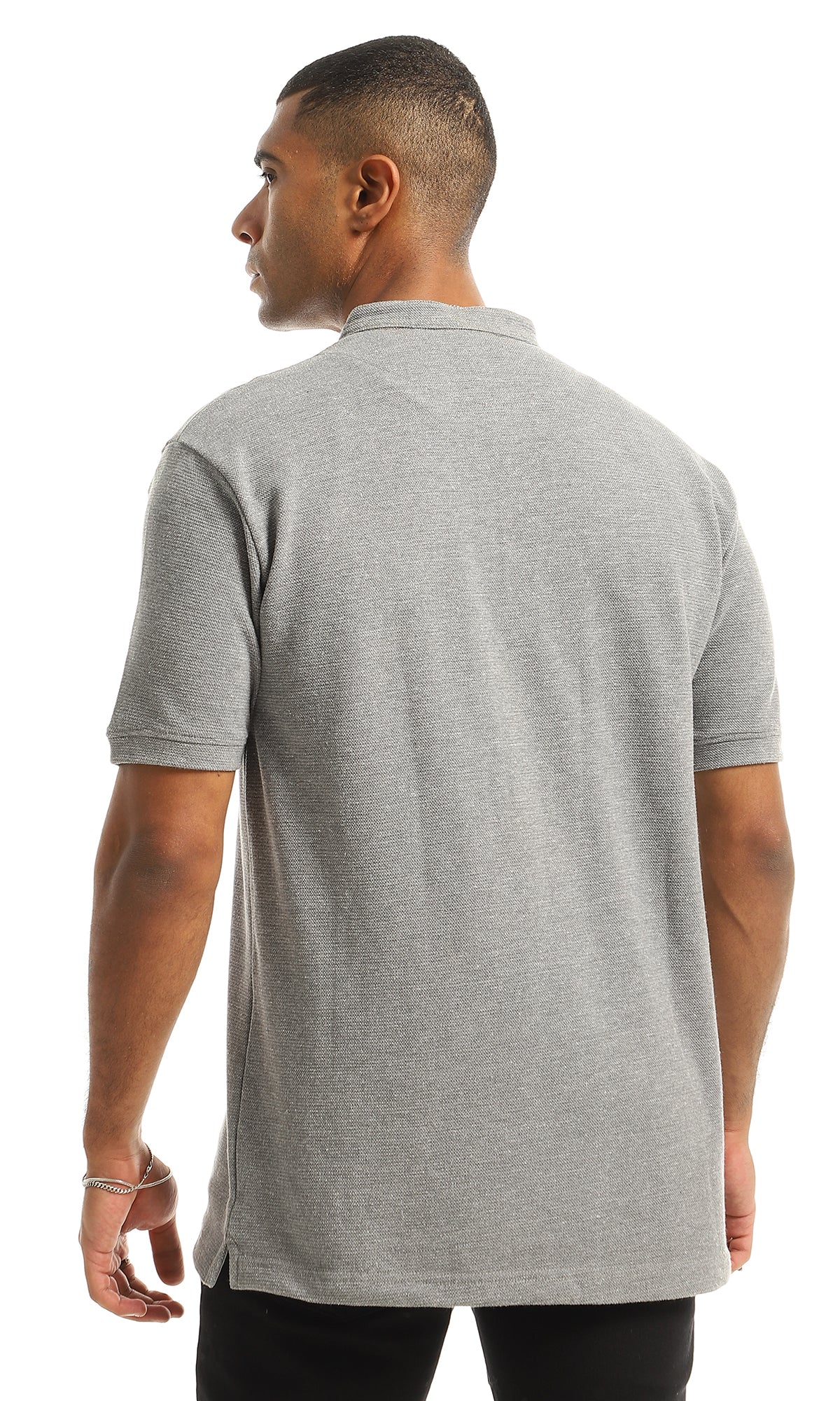 O154973 Short Sleeves Madarin Neck Henley Shirt - Grey
