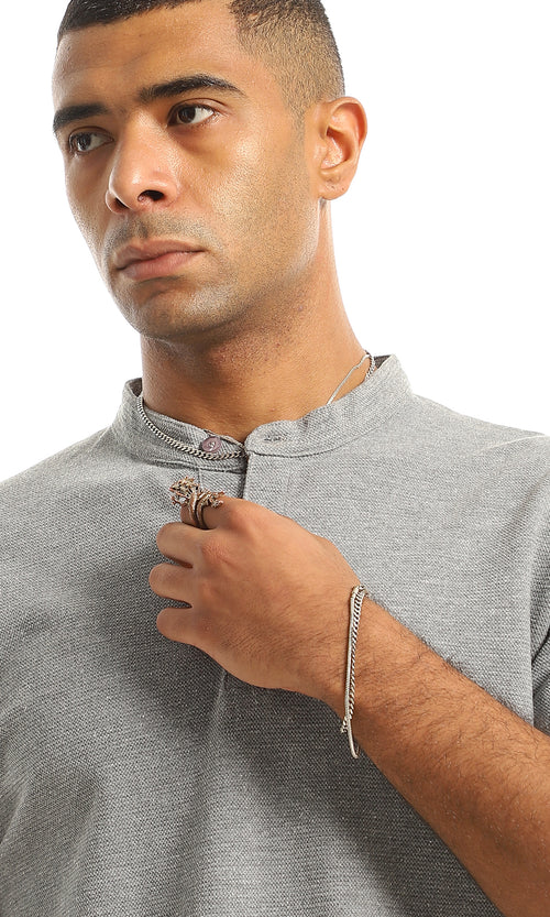 O154973 Short Sleeves Madarin Neck Henley Shirt - Grey